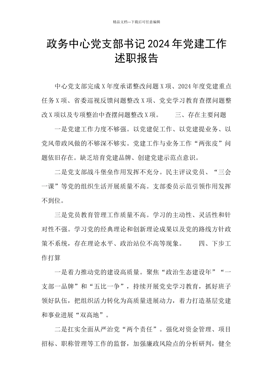 政务中心党支部书记2024年党建工作述职报告_第1页