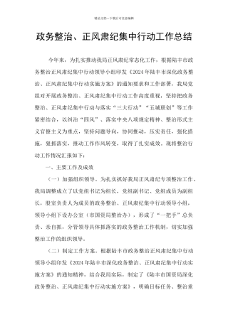 政务整治、正风肃纪集中行动工作总结