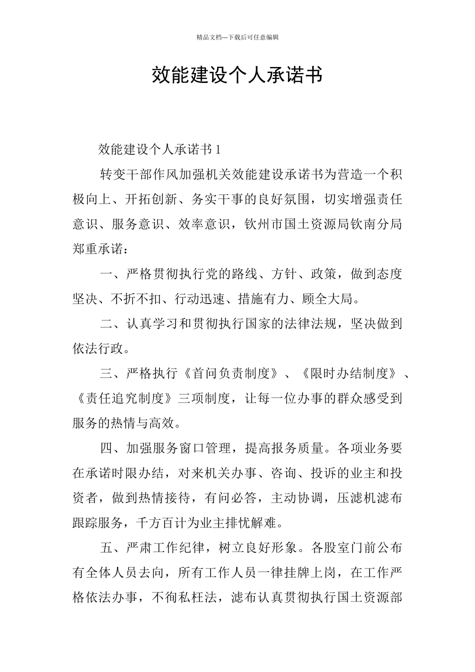 效能建设个人承诺书_第1页