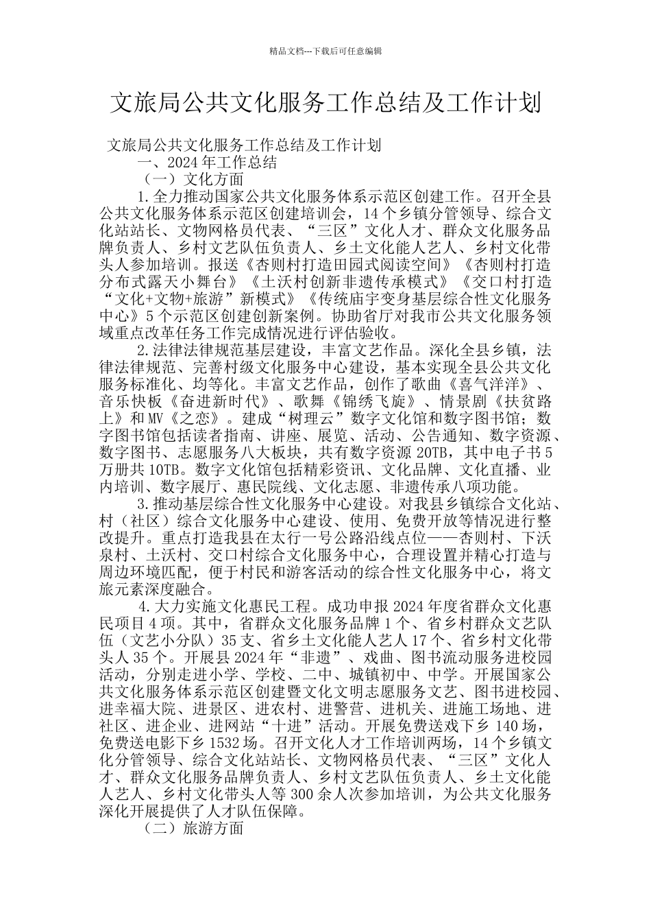 文旅局公共文化服务工作总结及工作计划_第1页