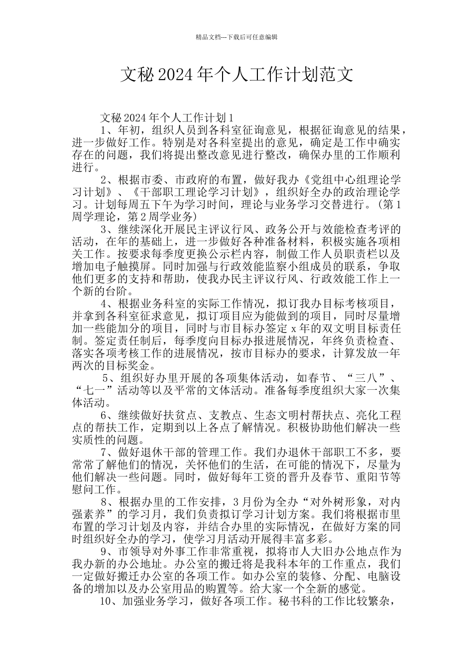 文秘2024年个人工作计划范文_第1页
