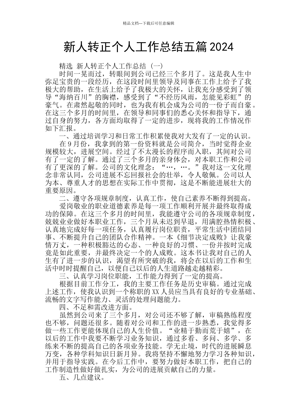 新人转正个人工作总结五篇2024_第1页