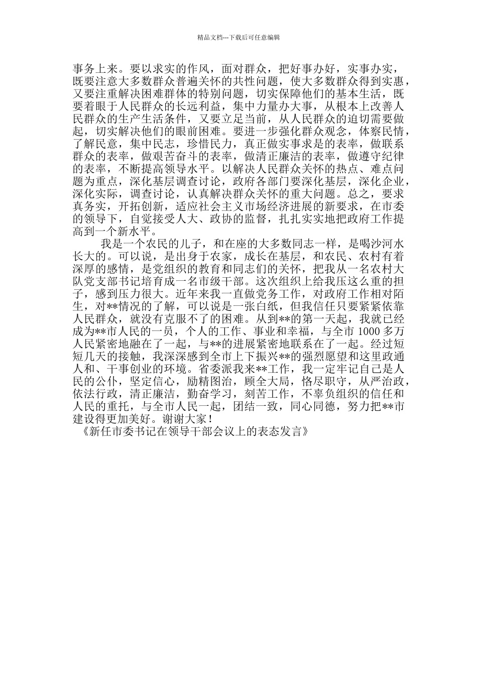 新任市委书记在领导干部会议上的表态发言_第2页