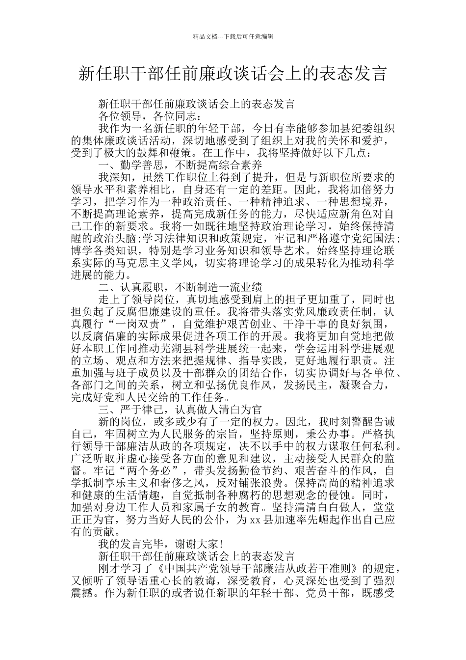 新任职干部任前廉政谈话会上的表态发言_第1页