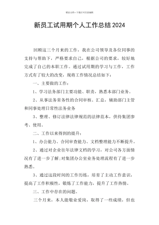 新员工试用期个人工作总结2024