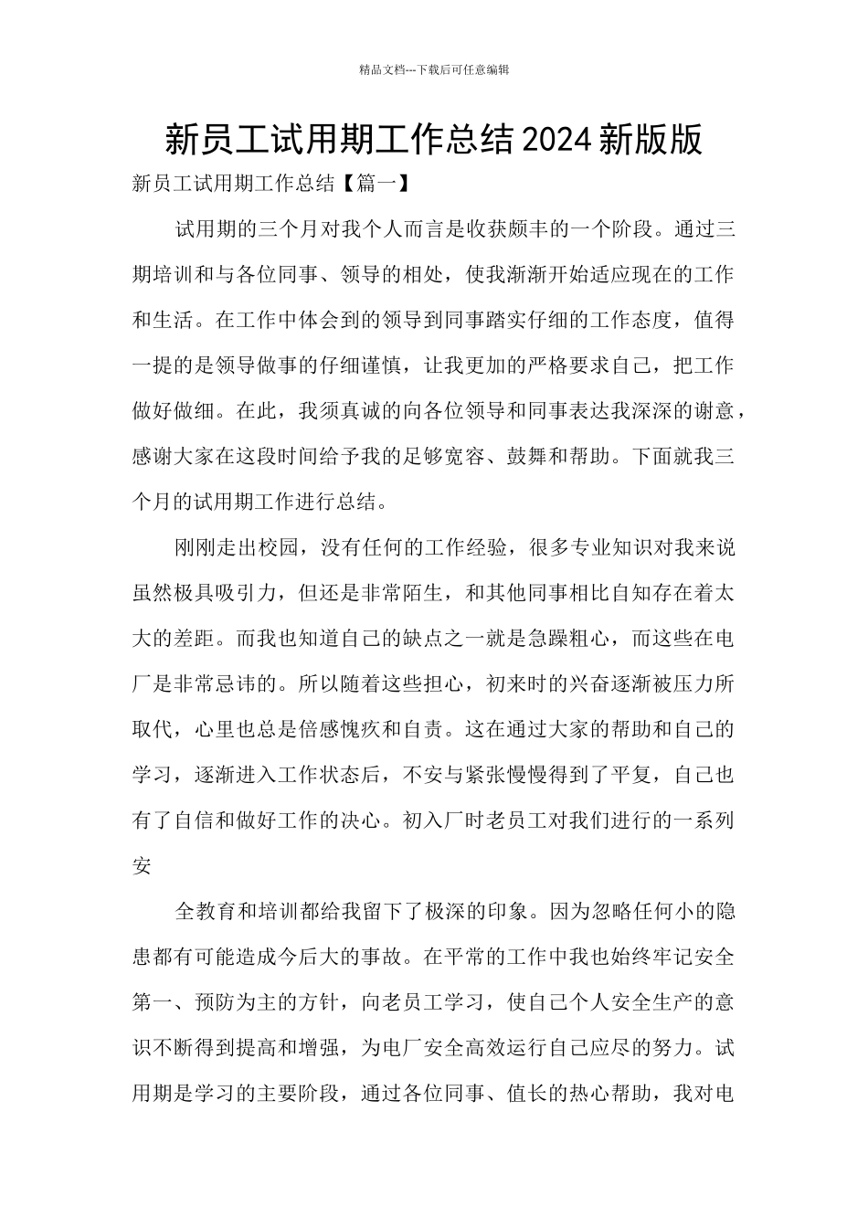 新员工试用期工作总结2024新版版_第1页