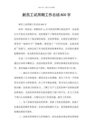 新员工试用期工作总结800字