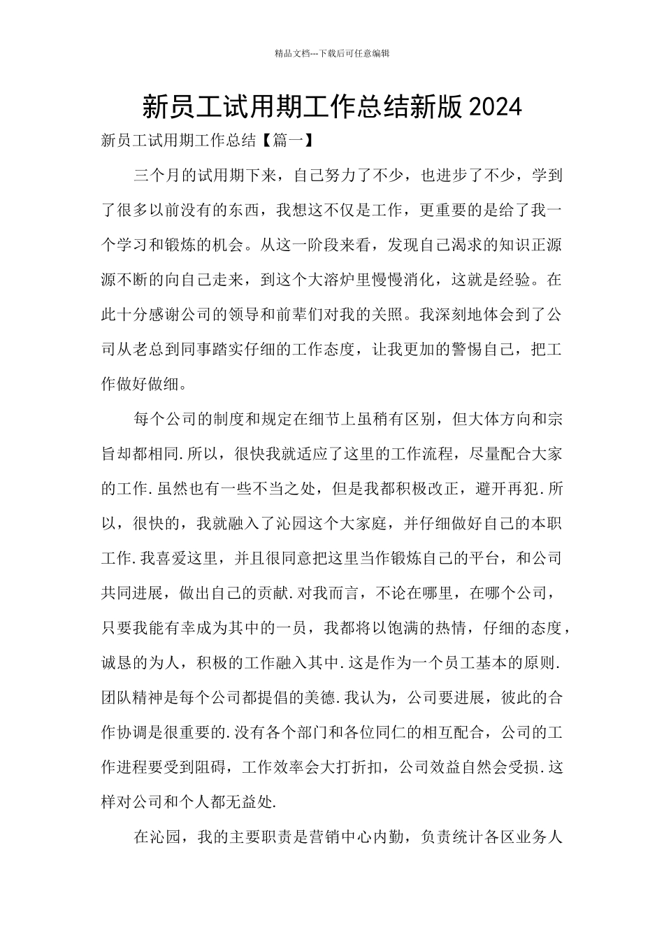 新员工试用期工作总结新版2024_第1页