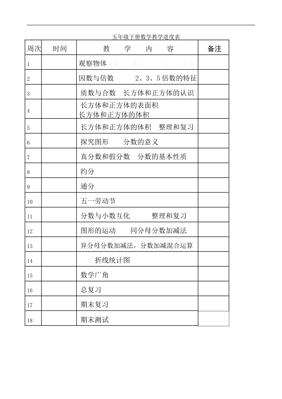 新版人教版五年级下册数学教学进度表_第1页