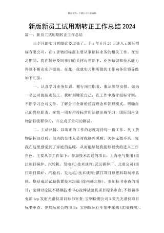 新版新员工试用期转正工作总结2024