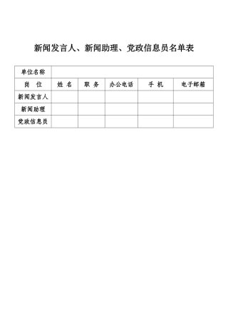 新闻发言人、新闻助理、党政信息员名单表