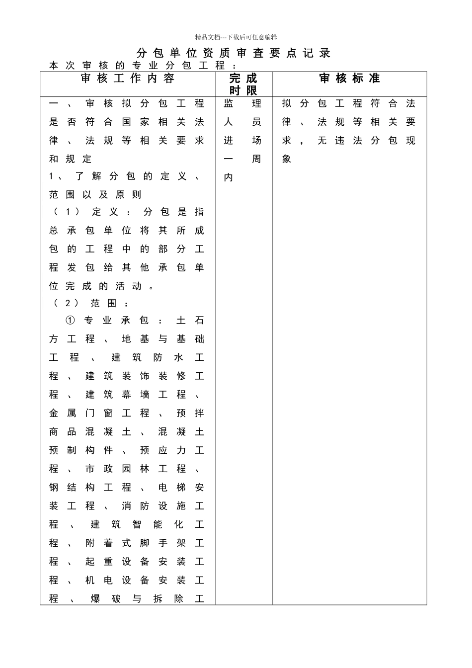 施工分包单位资质审查要点记录_第1页