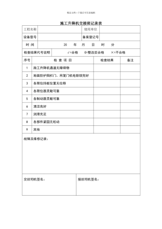 施工升降机交接班记录表