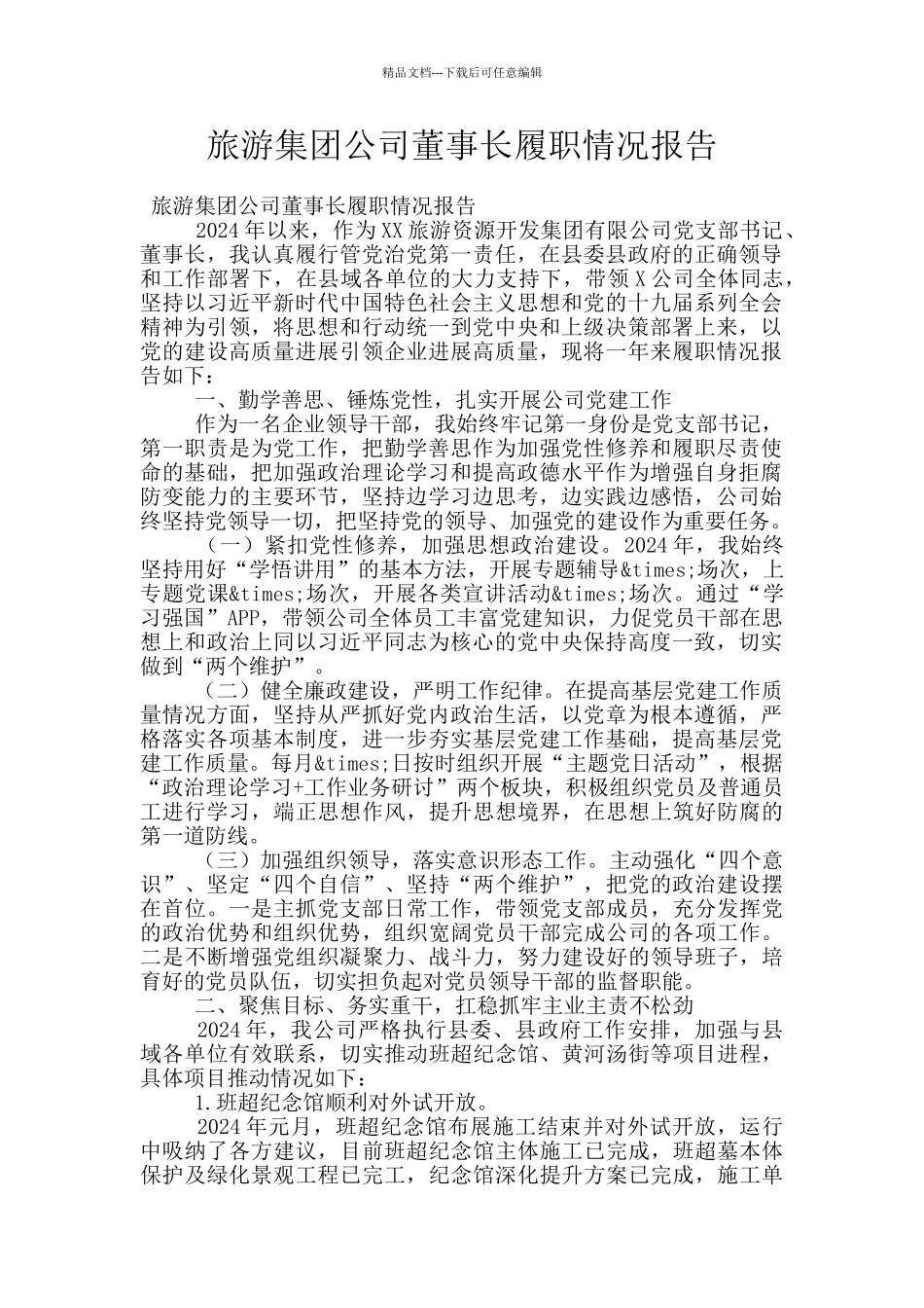 旅游集团公司董事长履职情况报告_第1页