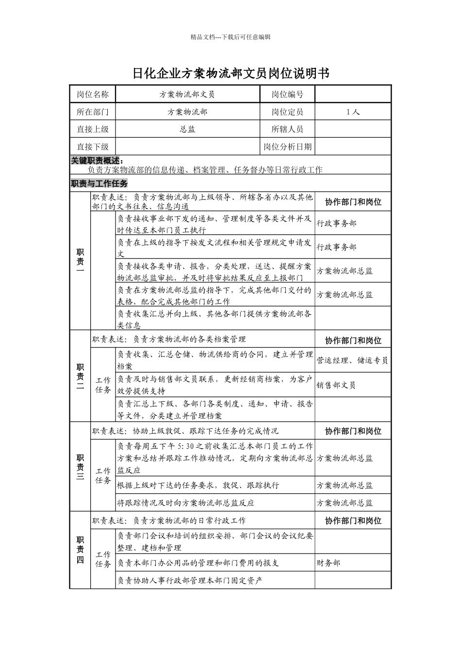 日化企业计划物流部文员岗位说明书_第1页