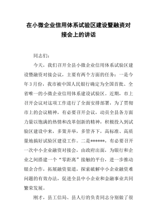 在小微企业信用体系试验区建设暨融资对接会上的讲话