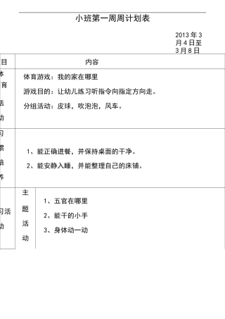 幼儿园小班春学期周计划