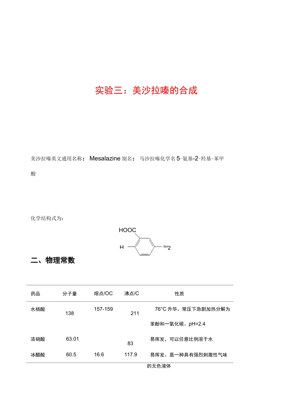 实验12-美沙拉嗪的合成实验报告_第1页