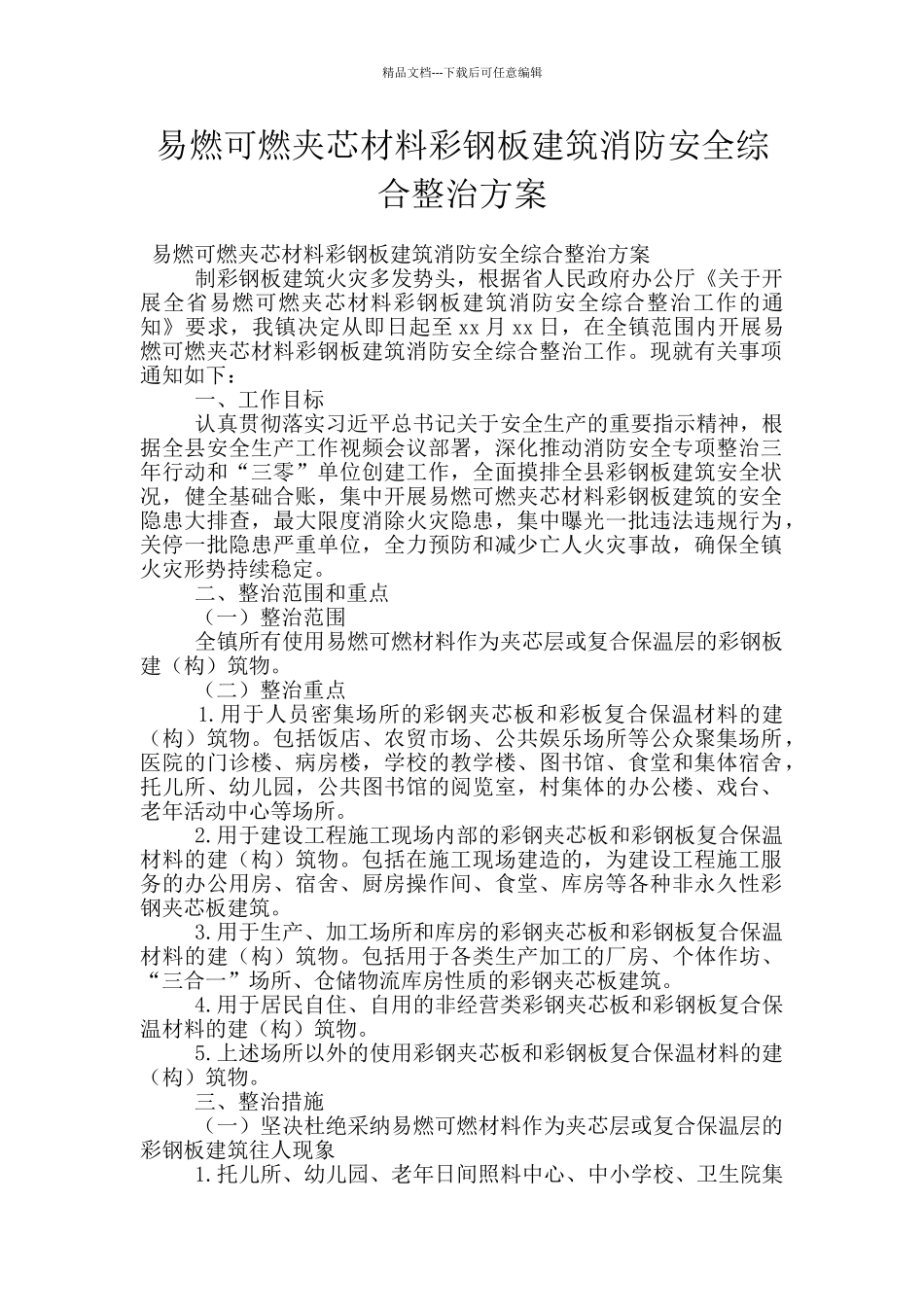 易燃可燃夹芯材料彩钢板建筑消防安全综合整治方案_第1页