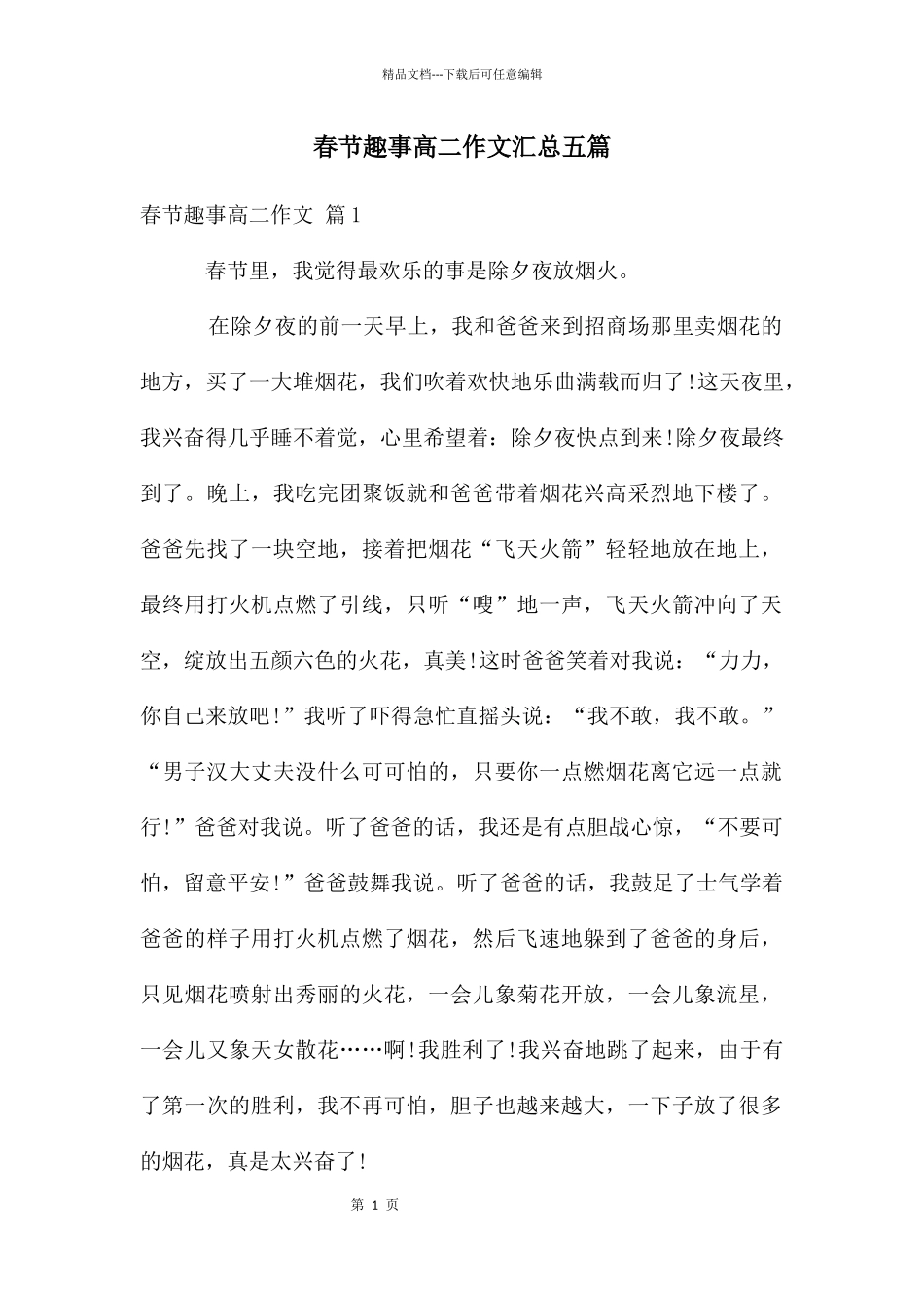 春节趣事高二作文汇总五篇_第1页