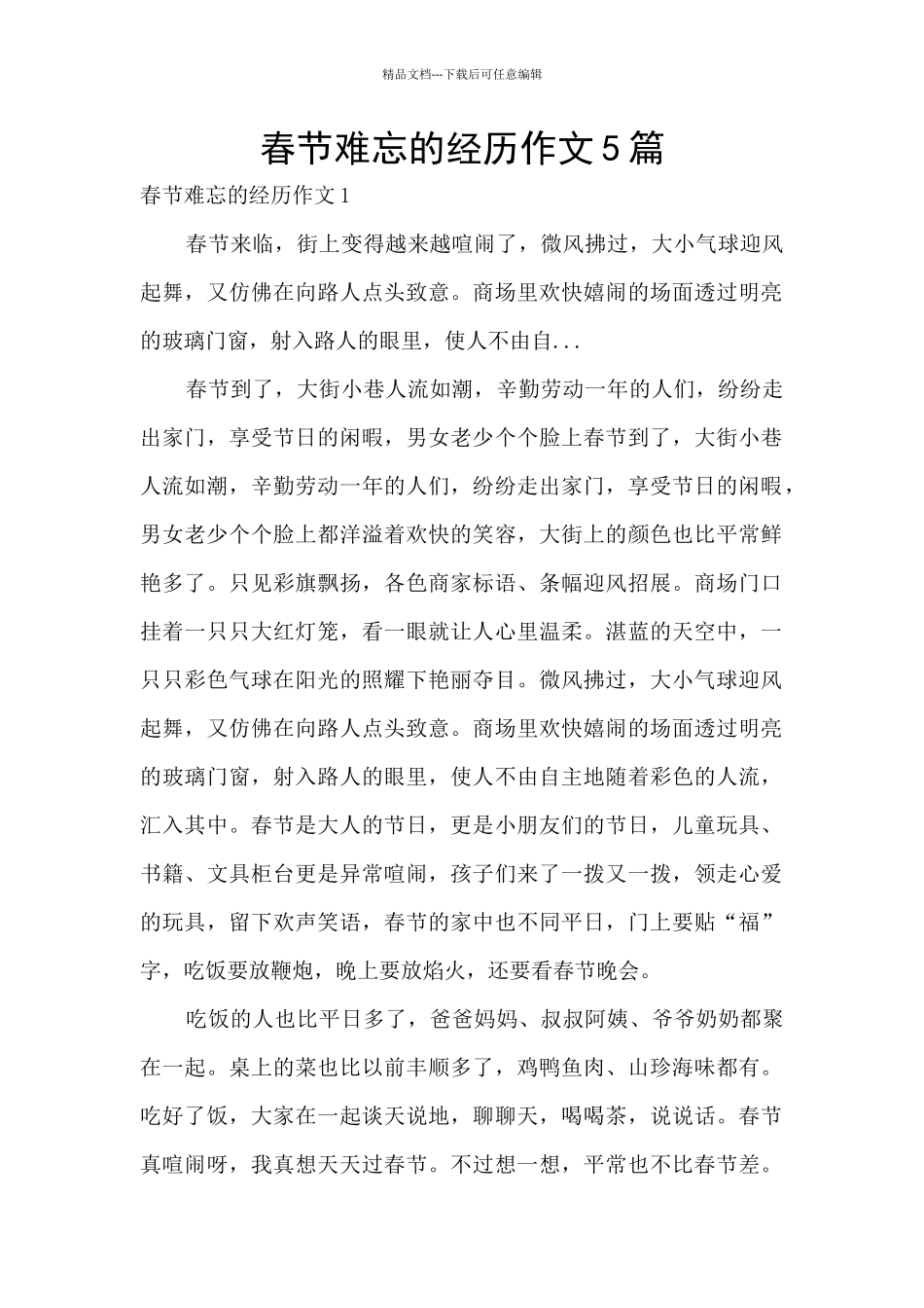 春节难忘的经历作文5篇_第1页