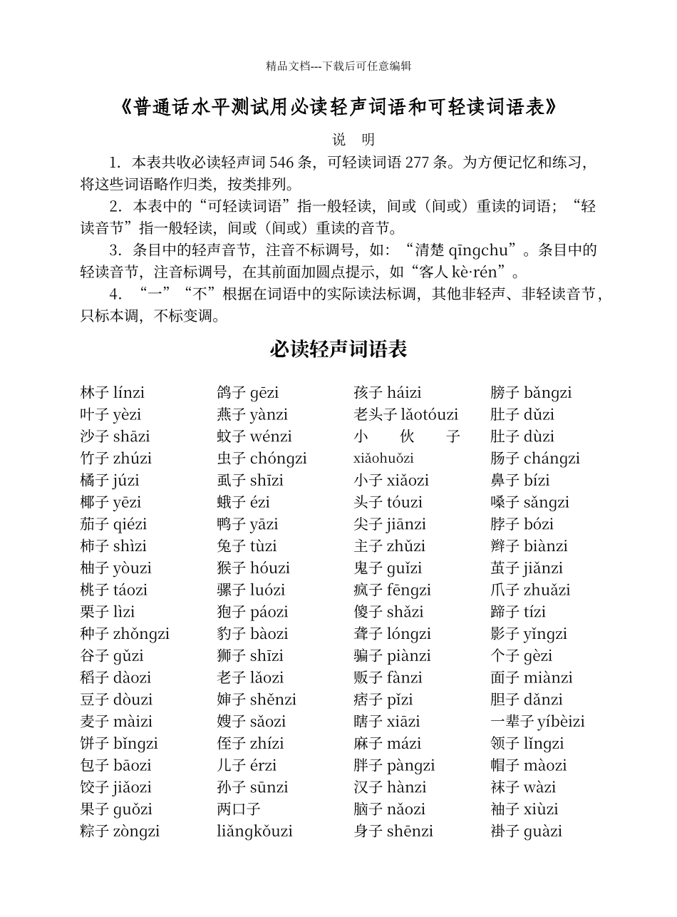 普通话水平测试必读轻声词语和可读轻声词语表_第1页