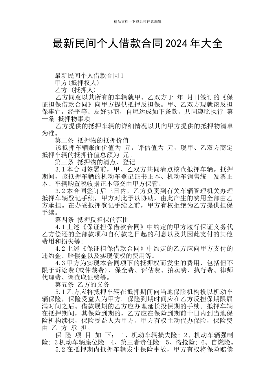 最新民间个人借款合同2024年大全_第1页