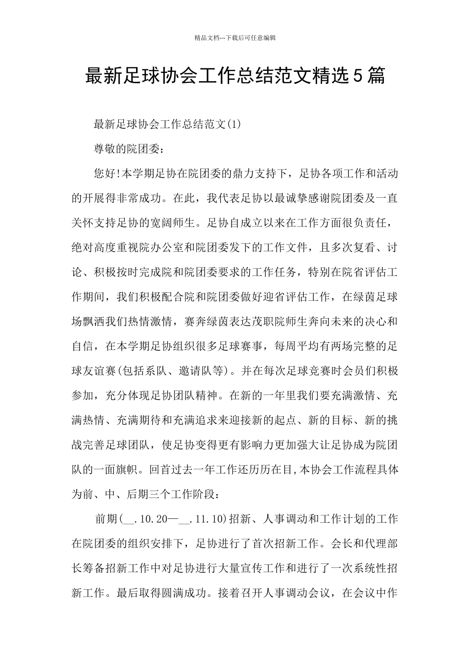 最新足球协会工作总结范文精选5篇_第1页