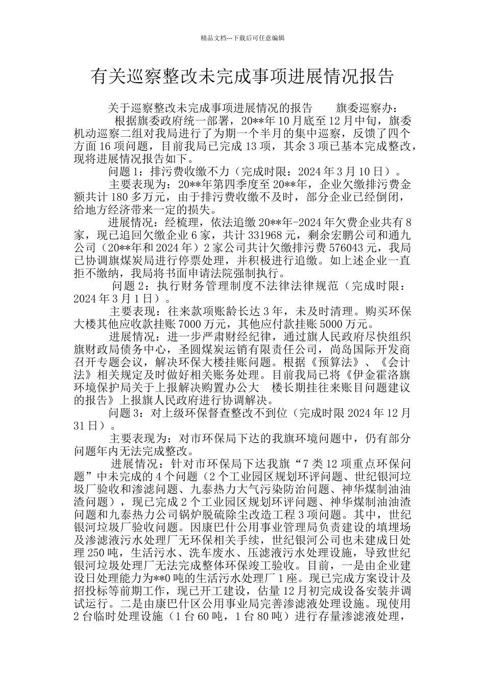 有关巡察整改未完成事项进展情况报告_第1页