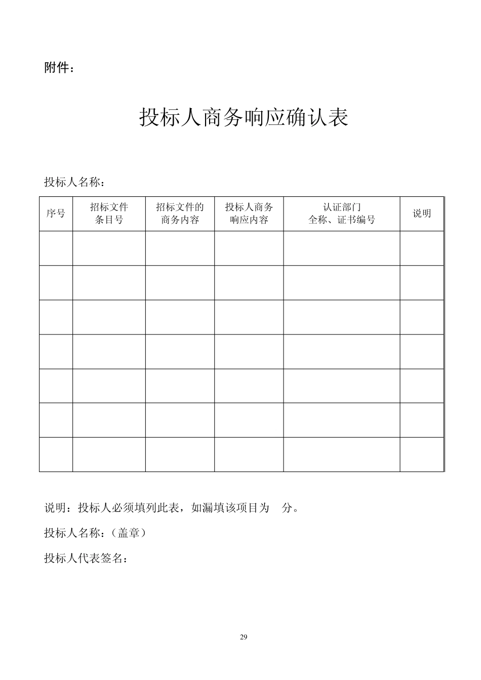 投标人商务响应确认表_第1页