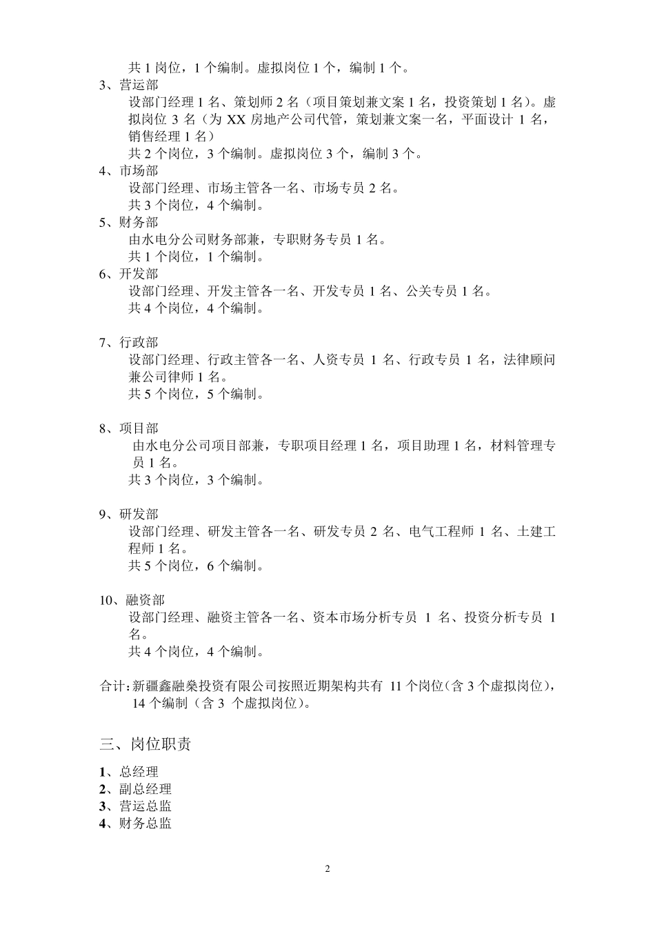 投资公司组织架构、岗位编制及职位说明_第2页