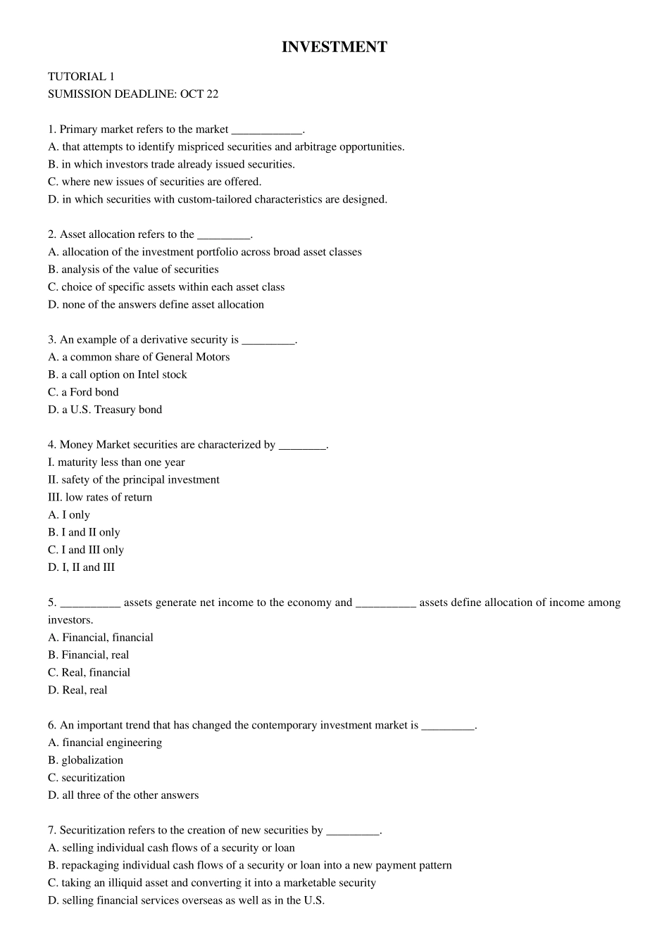 投资学选择题及答案英文版_第1页