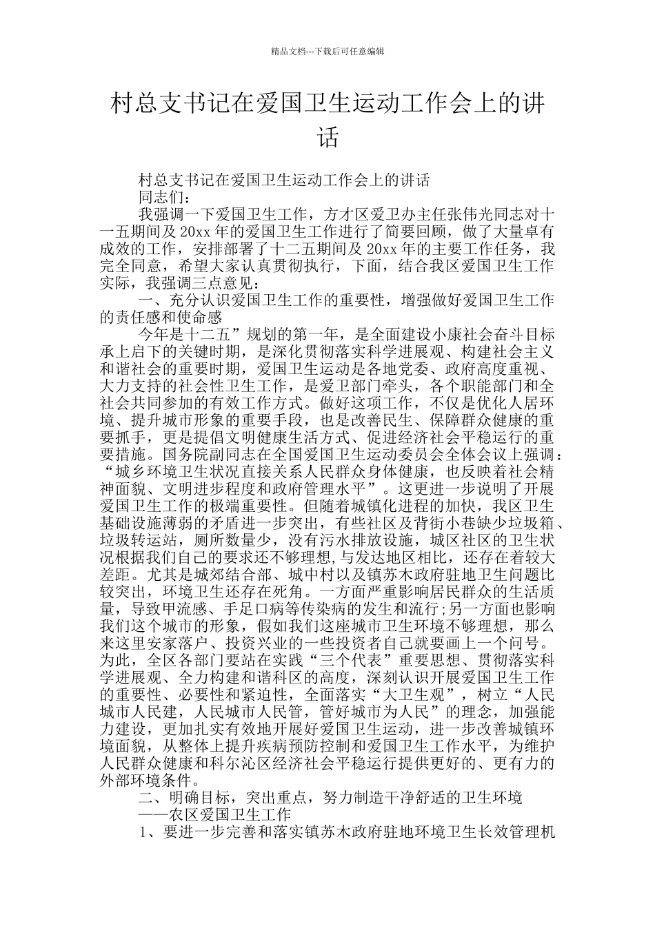 村总支书记在爱国卫生运动工作会上的讲话_第1页