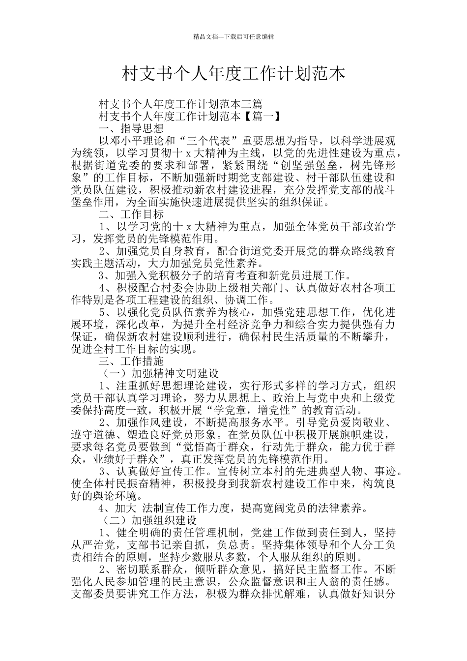 村支书个人年度工作计划范本_第1页