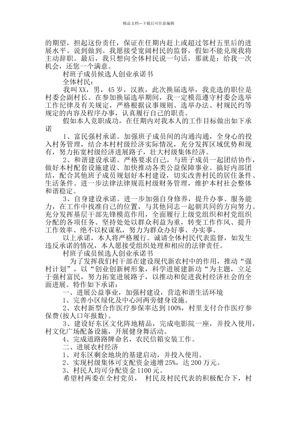 村班子成员候选人创业承诺书_第2页