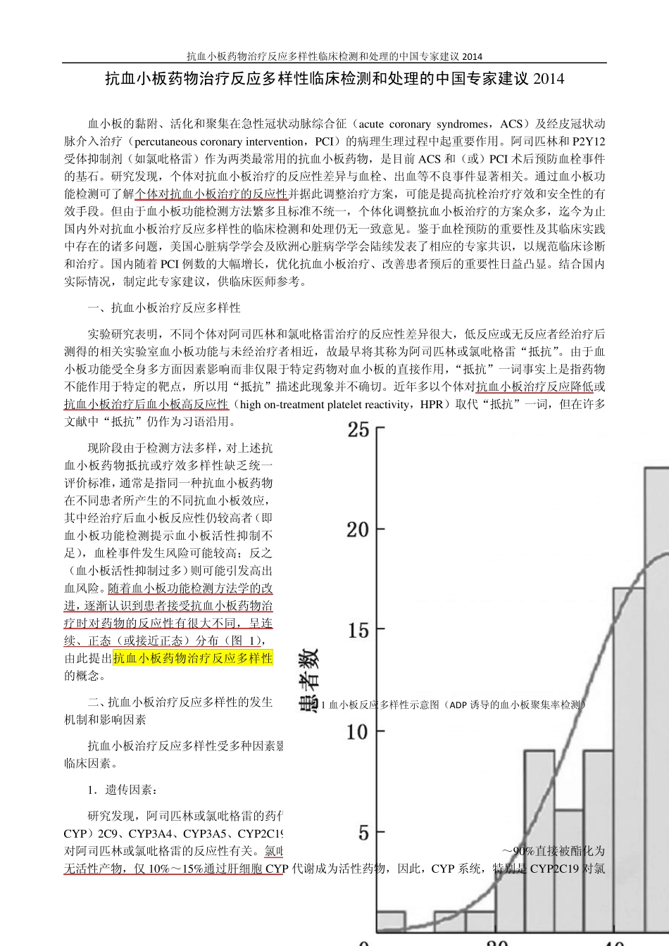抗血小板药物治疗反应多样性临床检测和处理的中国专家建议2014_第1页