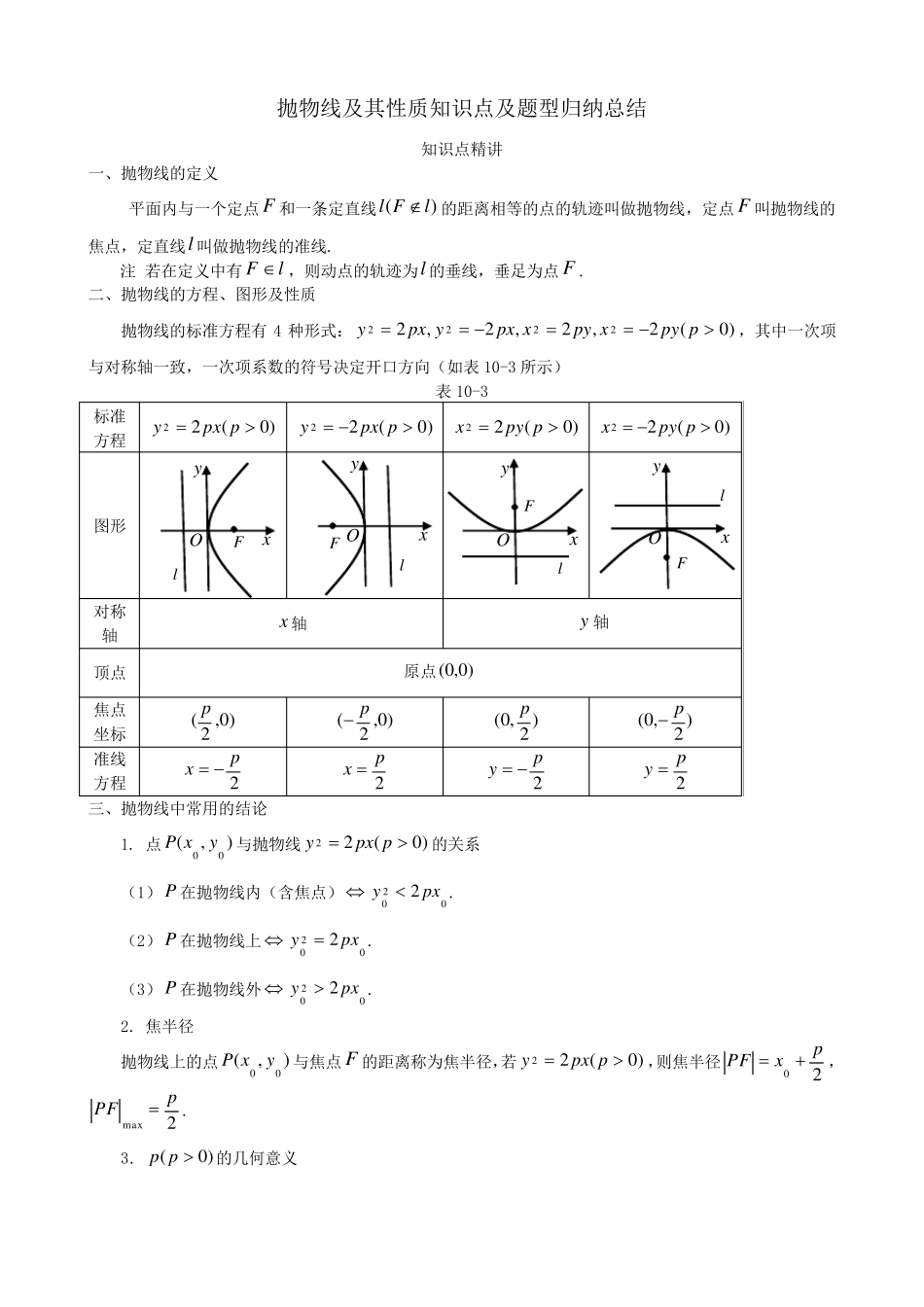 抛物线及其性质知识点及题型归纳总结_第1页