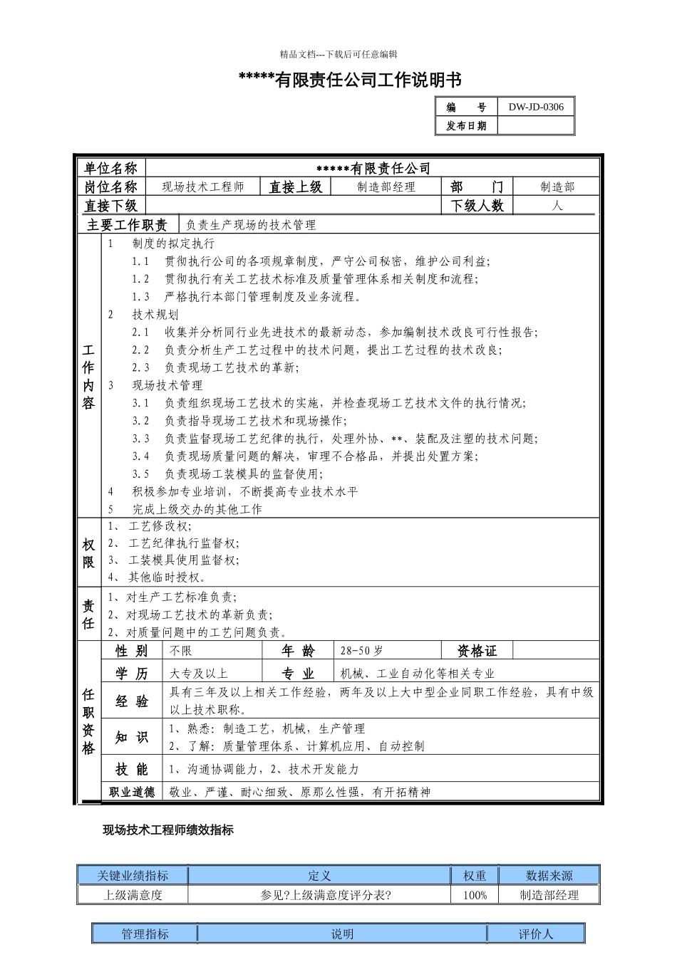 某中型制造业现场技术工程师岗位说明书及KPI指标_第1页