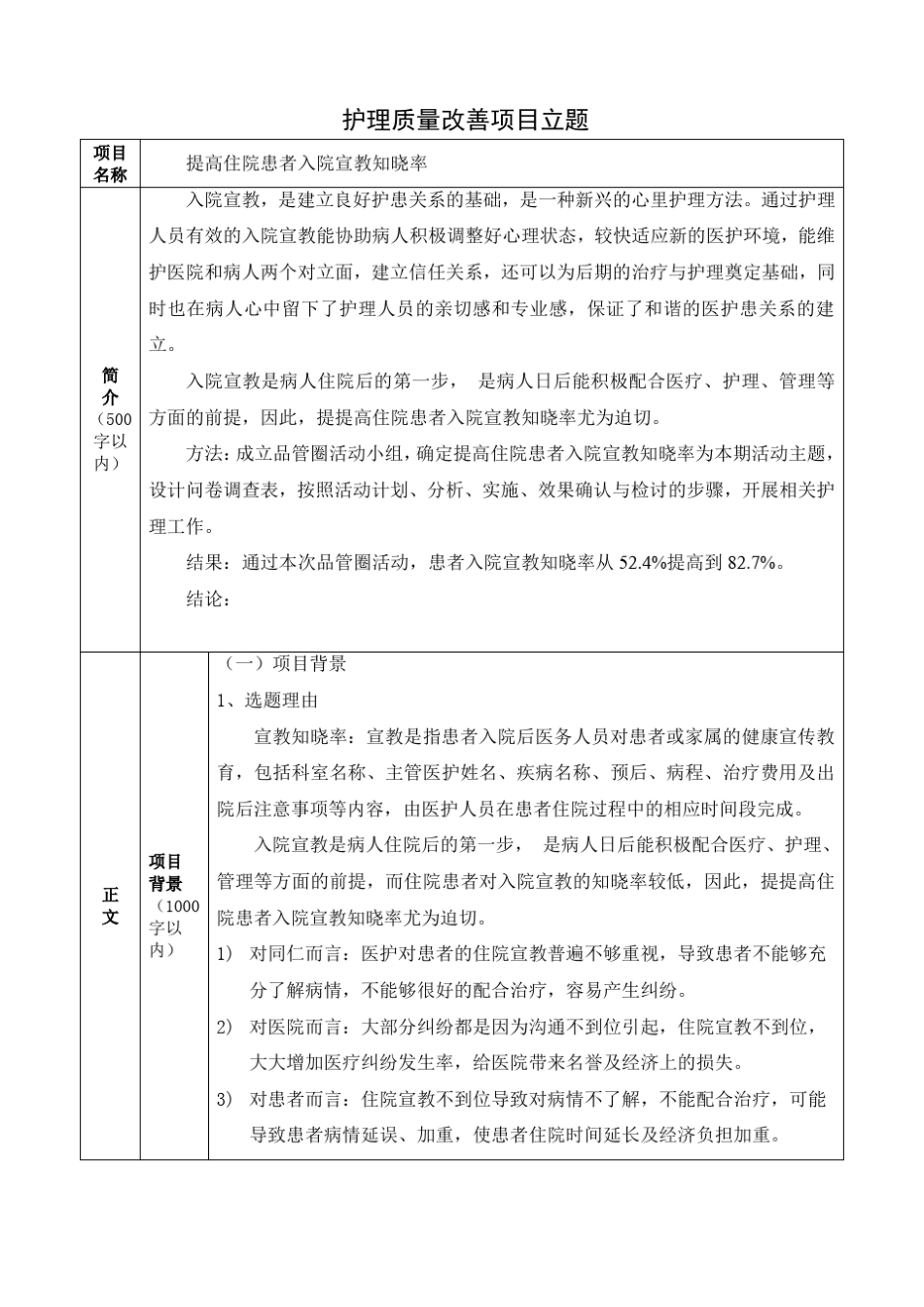 护理质量改善项目立题_第1页