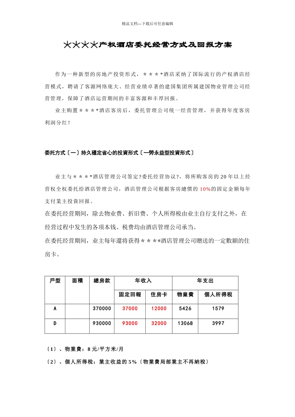 某产权酒店委托经营方式与回报方案_第1页