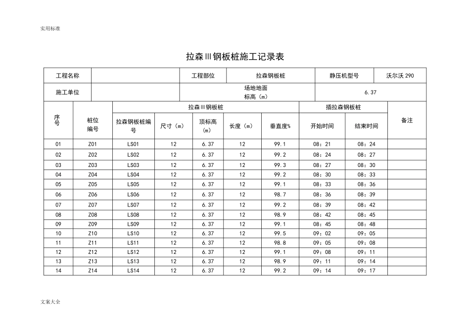 拉伸钢板桩施工记录簿表_第1页