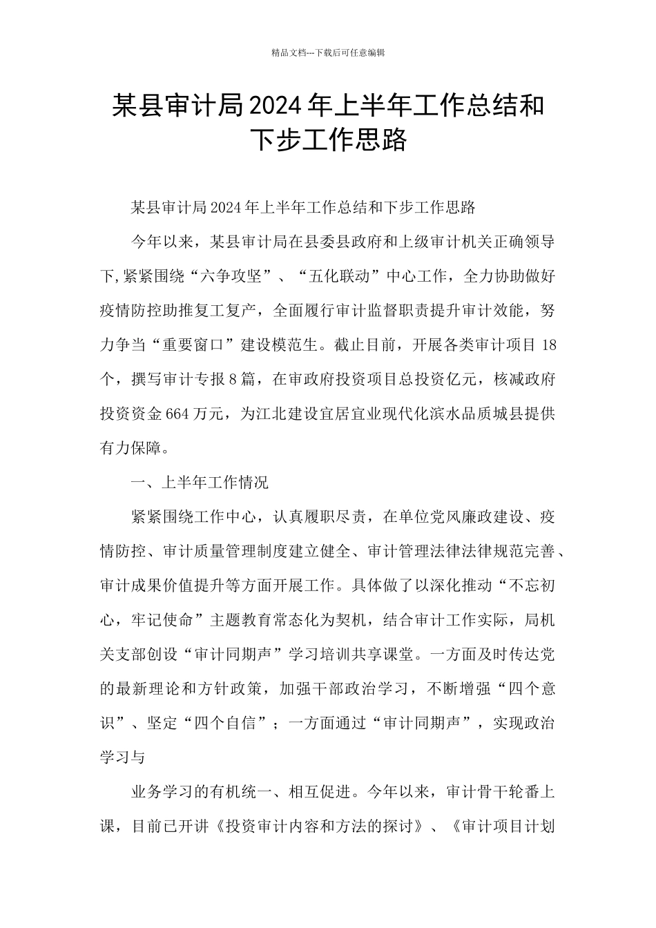 某县审计局2024年上半年工作总结和下步工作思路_第1页