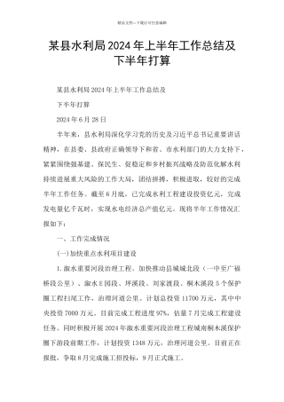 某县水利局2024年上半年工作总结及下半年打算