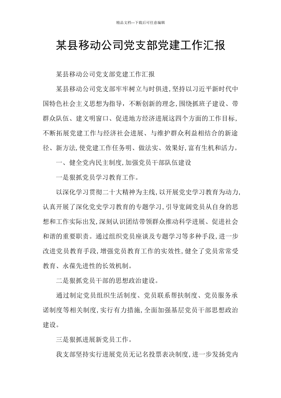 某县移动公司党支部党建工作汇报_第1页