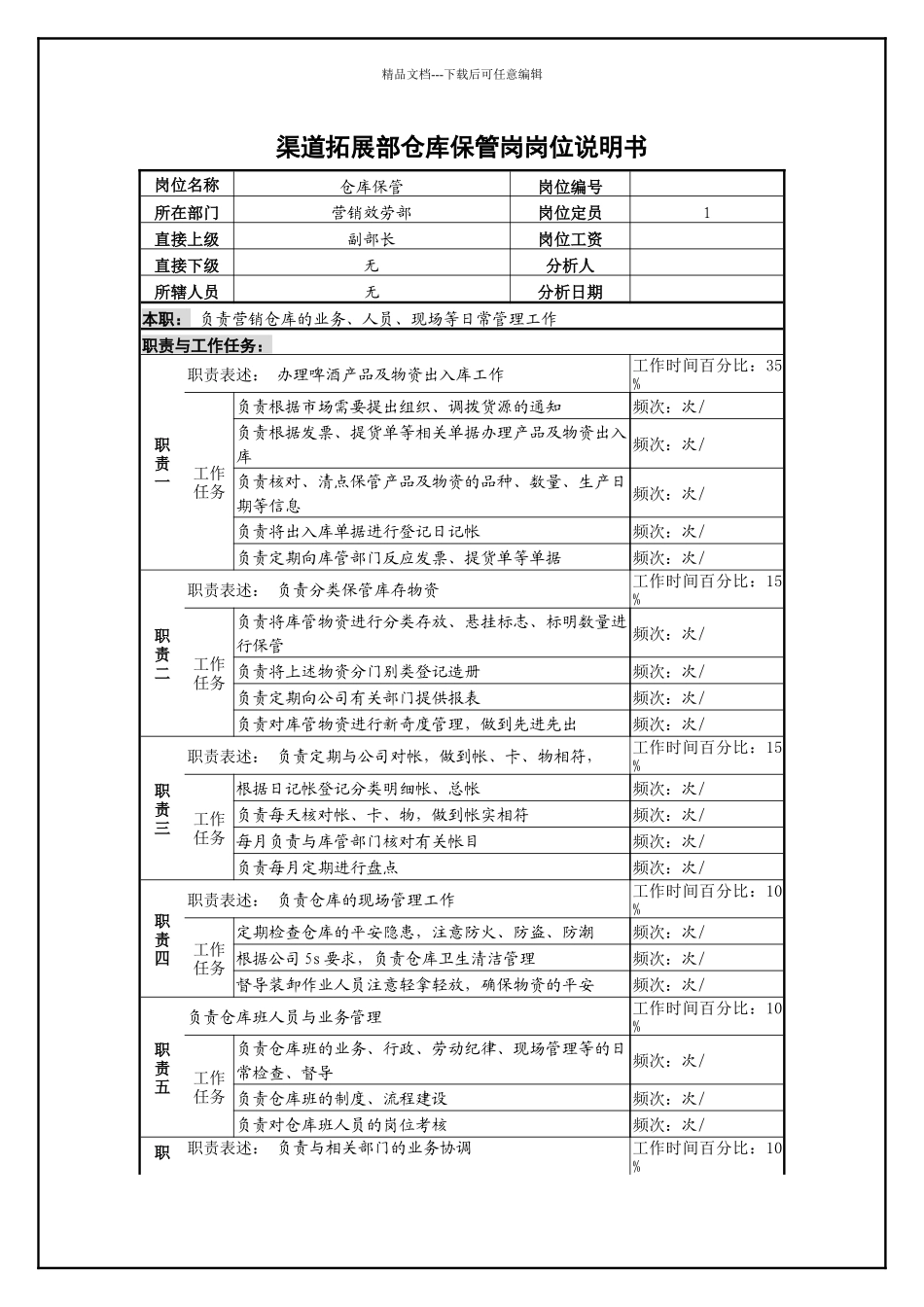 某啤酒企业渠道拓展部仓库保管岗岗位说明书_第1页