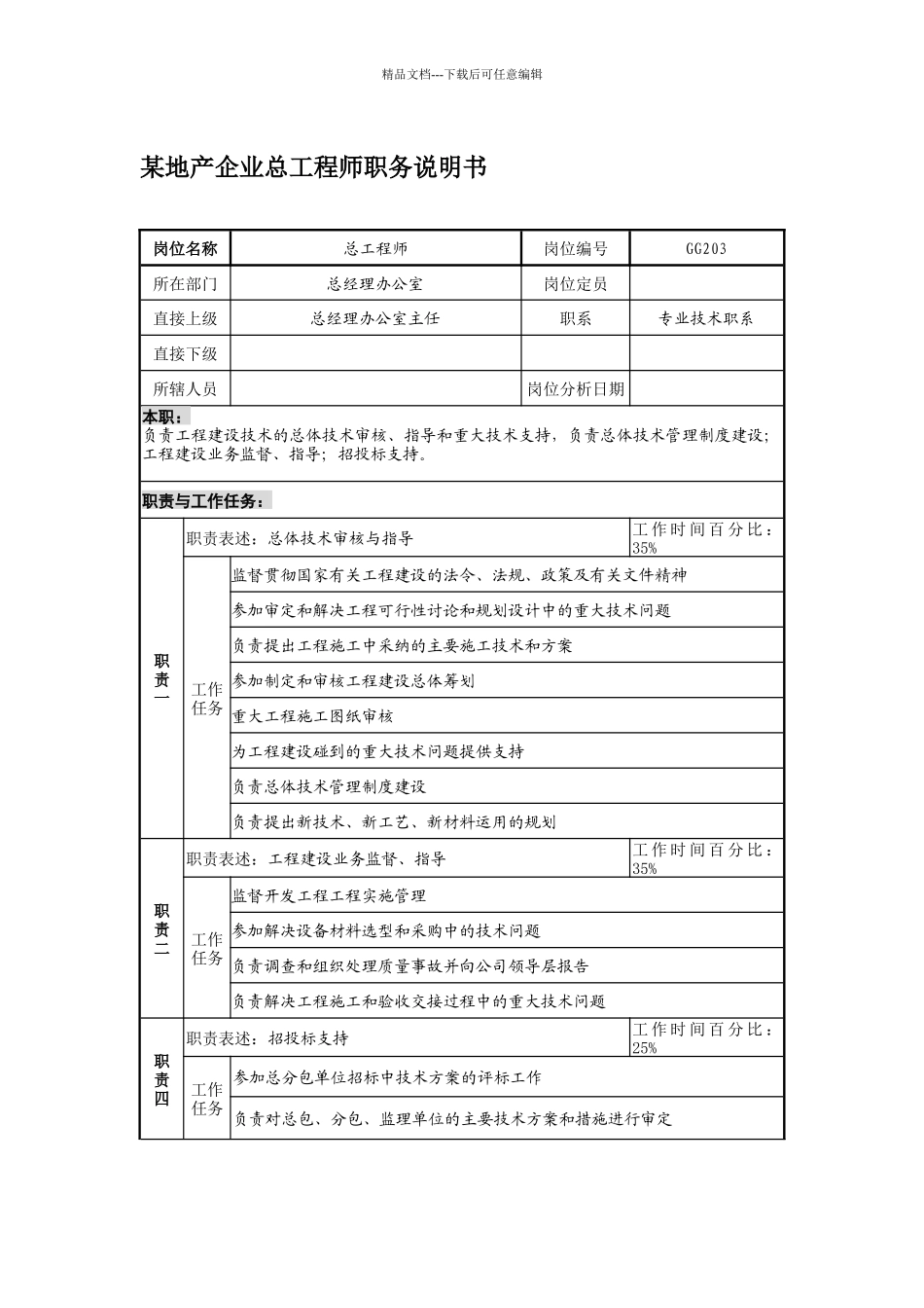 某地产企业总工程师职务说明书_第1页