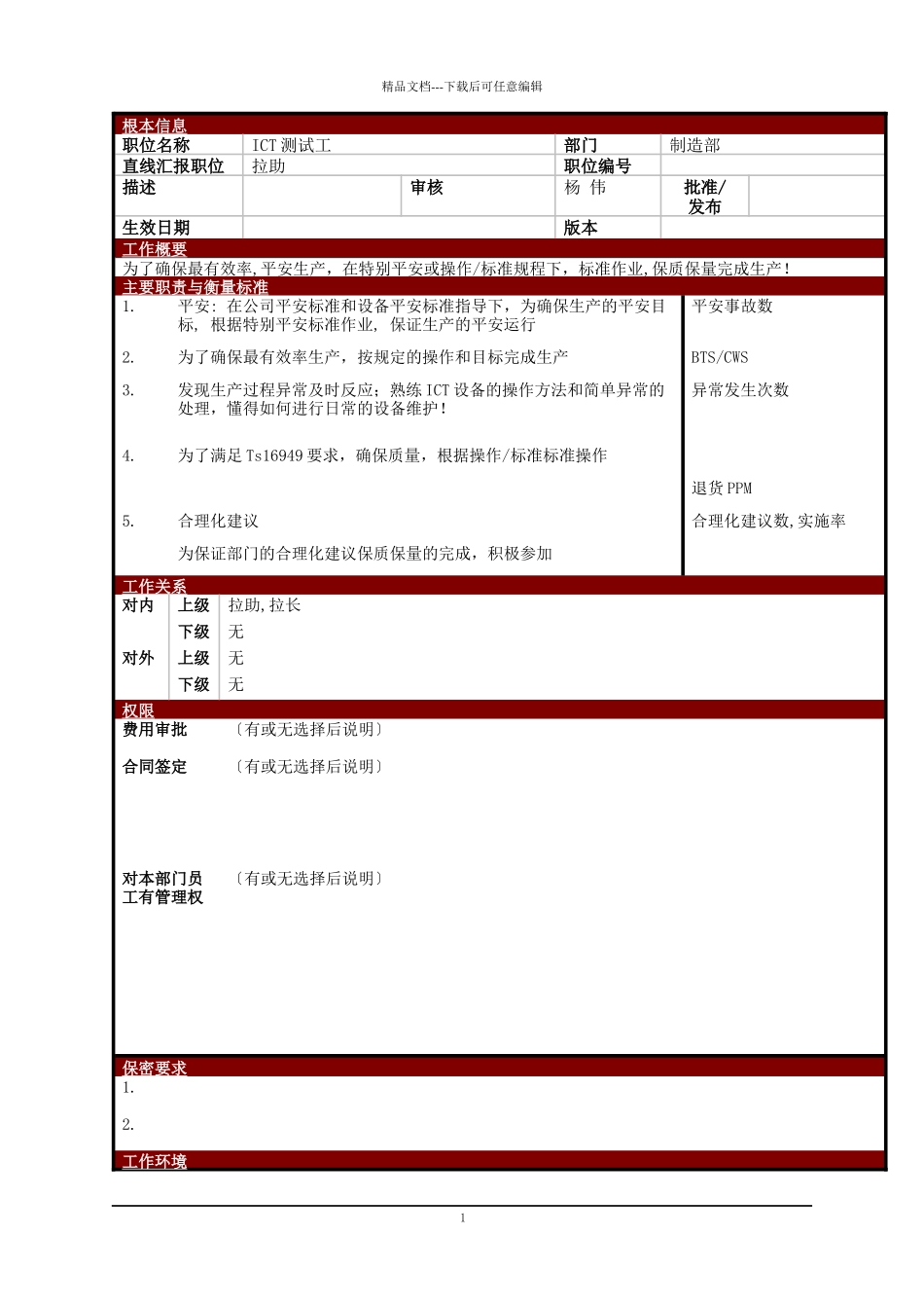 某大型电子公司制造部ICT测试工职位说明书_第1页