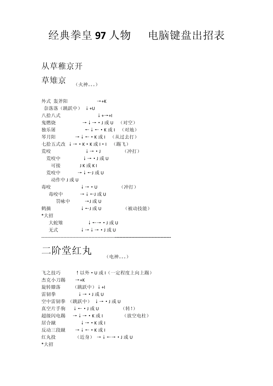拳皇97人物__绝对电脑键盘出招表_第1页