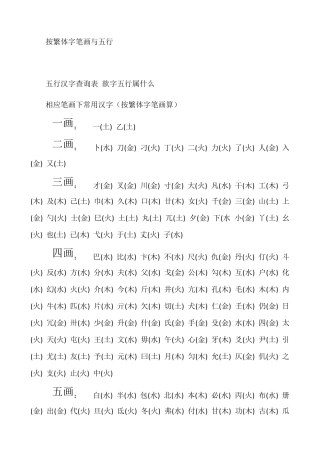 按繁体字笔画与五行
