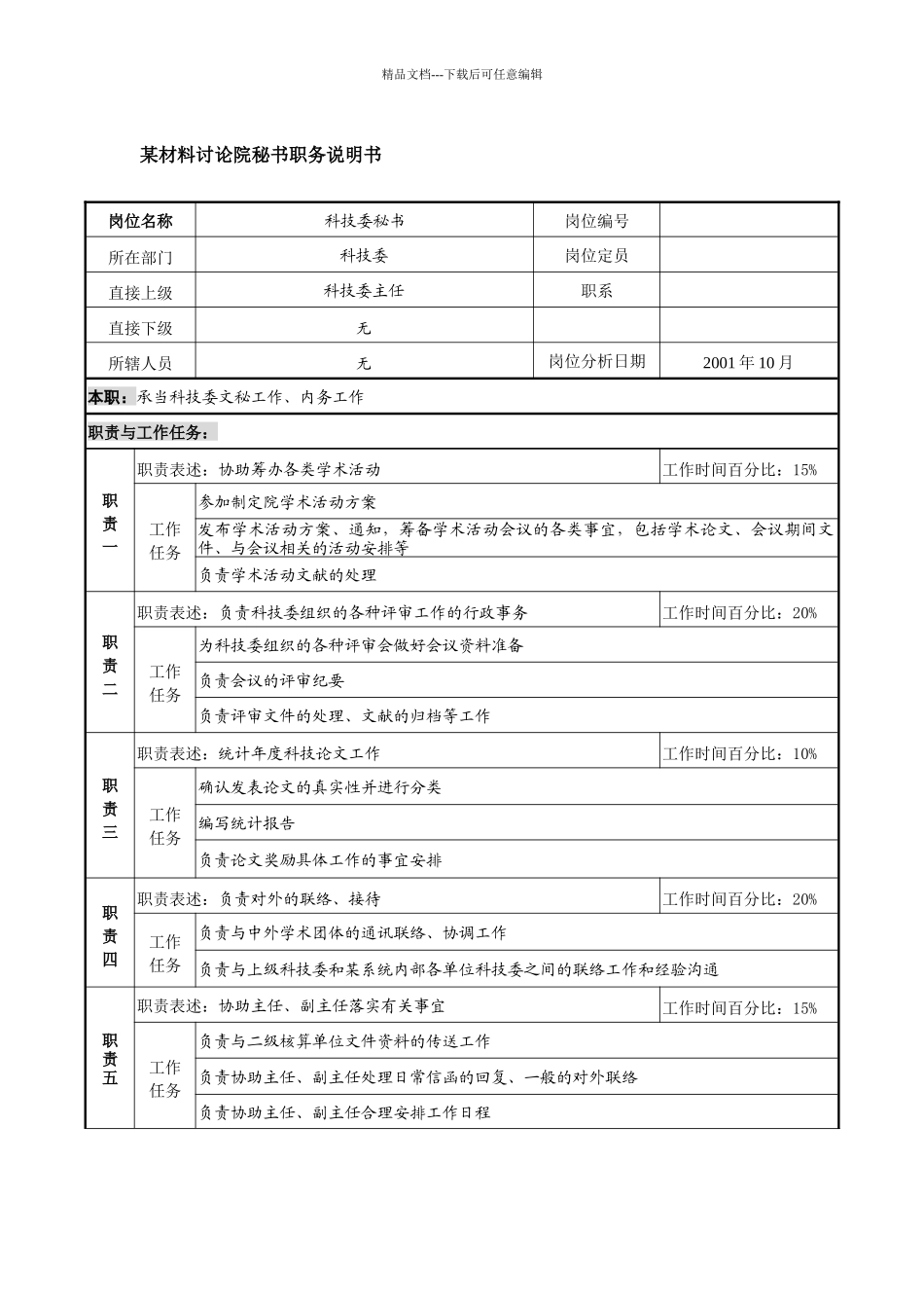 某材料研究院秘书职务说明书_第1页